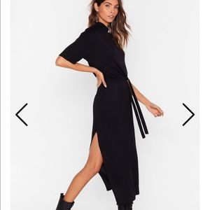 Brand new, high slit black drape dress